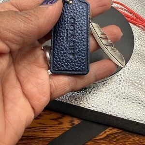 Coach Navy Leather Tag with Silver Feather Charm